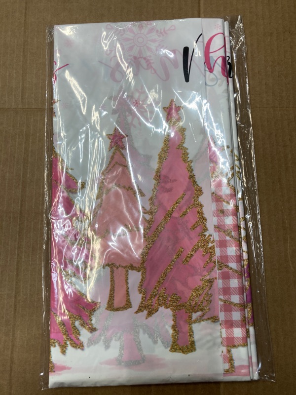 Photo 1 of 3 Pcs Pink Christmas Tree Plastic Table Covers Merry Christmas Tablecloth Winter Holiday Tablecloth Merry Christmas Table Cover for New Year Themed Party Decorations, 54 x 108 Inch