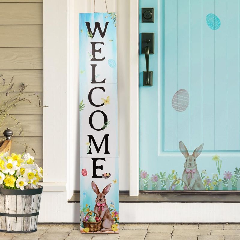Photo 1 of 
47"H Easter Wooden Porch Sign,Large Rustic Welcome Wood Sign for Front Porch,Easter Vertical Porch Sign for Spring Easter Bunny Door Party Decor