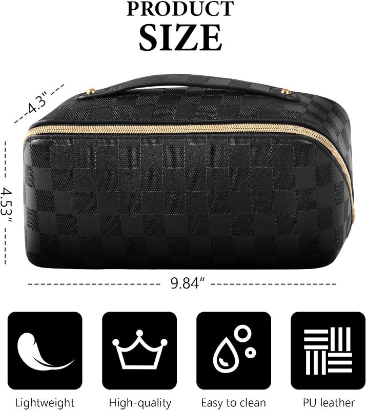 Photo 1 of Brand: Trifabricy 4.2  500
Makeup Bag - Large Capacity Travel Cosmetic Bag for Women, Multifunctional Open Flat Toiletry Bag with Handle, Washable Waterproof Beauty Zipper Makeup Organizer PU Leather, Black