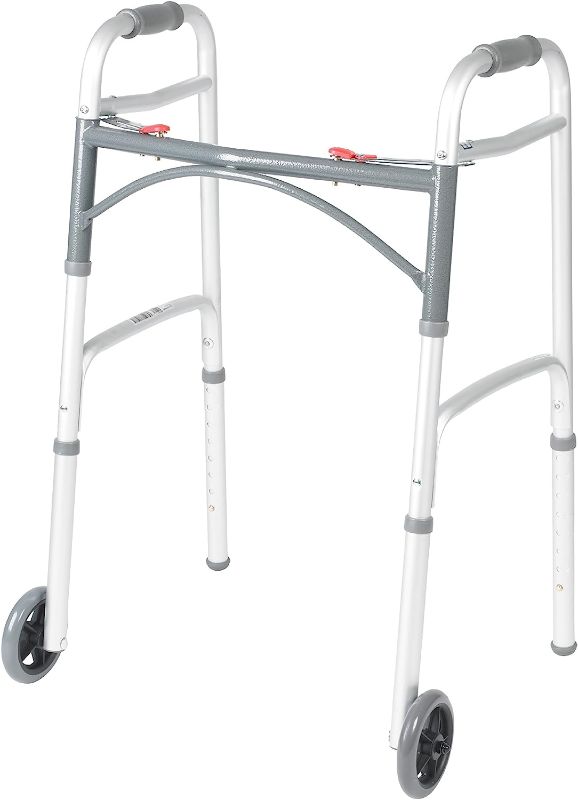 Photo 1 of 4.7 4.7 out of 5 stars 34,837
Drive Medical 10210-1 2-Button Folding Walker with Wheels, Rolling Walker, Front Wheel Walker, Lightweight Walkers for Seniors and Adults Weighing Up To 350 Pounds, Adjustable Height, Silver