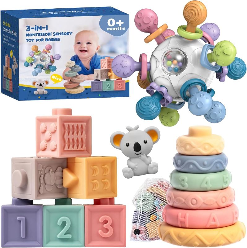 Photo 1 of Pucmaoci Montessori Baby Toys 3-in-1 Set for Sensory Development, Teething Toys, and Early Education - Gift for Toddler Baby 0-3-6-12-18 Months
