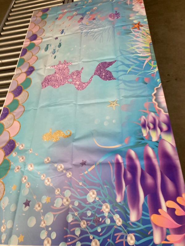 Photo 3 of Funnytree Under The Sea Little Mermaid Photography Backdrop for Girl Birthday Party Banner Glitter Scales Background Photobooth Prop 5.9'x3.6' Mermaid-1