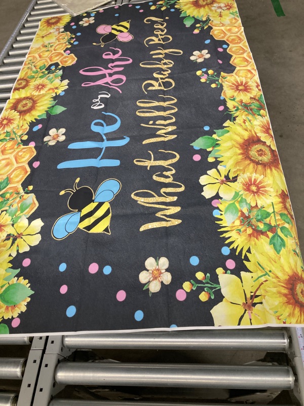 Photo 3 of Funnytree Bee Gender Reveal Backdrop He or She Boy or Girl What Will Baby Bee Baby Shower Theme Party Honey Sunflower Background Cake Table Decor Supplies Banner Photo Booth Props Gift