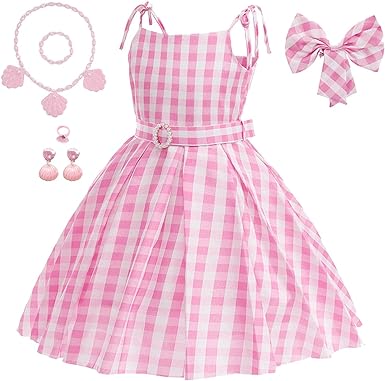 Photo 1 of Luzlen Pink Plaid Dress for Girls Kids Gingham Sleeveless Movie Cosplay Costume Birthday Halloween Outfits
