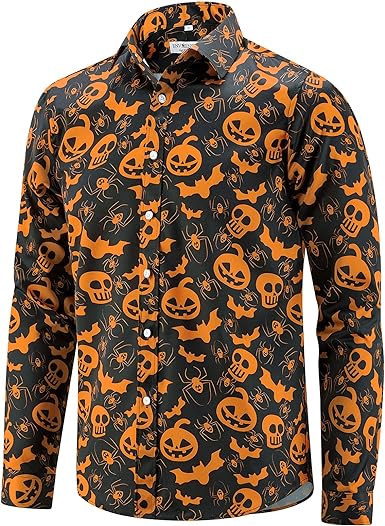 Photo 1 of ENVMENST Halloween Button Up Shirt for Men Fun Pumpkins Printed Casual Short Sleeve Hawaiian Aloha Shirts
