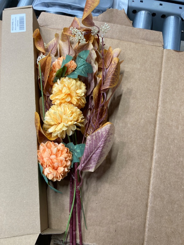 Photo 2 of  3  package  Artificial Chrysanthemum Ball Flowers Bouquet, Orange Chrysanthemums with Eucalyptus Stems Fake Orange Fall Bouquet for Fall Table Centerpieces Home Kitchen Decoration, (Vase Not Included) Orange 1