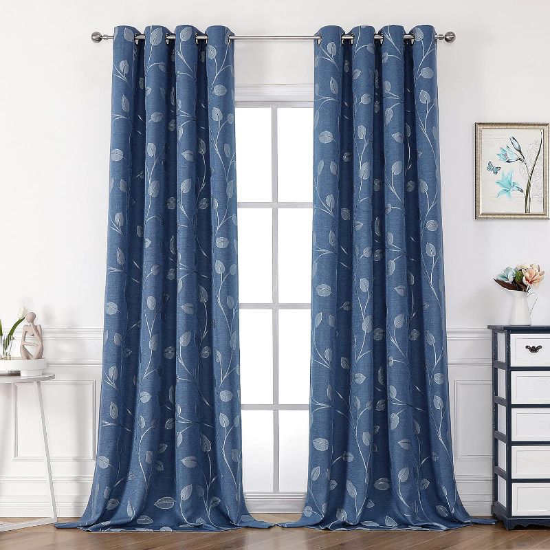 Photo 1 of  Blue Leaf Jacquard Curtains50x 84 Inches Long Room Darkening 2 Panels Farmhouse Embroidery Botanical Pattern Linen Textured Drapes Grommet Window...