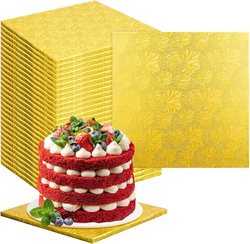 Photo 1 of  19 Pcs Square Cake Boards, 1/2 Inch Thick Foil Covered Cake Base, Sturdy Fully Wrapped Edges Square Cake Drum for Christmas Holidays Wedding Party (Gold,12 Inch)