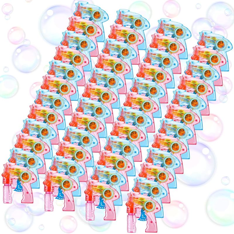 Photo 1 of 48 Pcs LED Bubble Blower Battery Operated Bubble Guns Wind up Bubble Shooter Machine Bubble Makers Bubble Blowing Toy Kit for Outdoor Indoor Summer Game Party Favor (No Water), Pink Blue