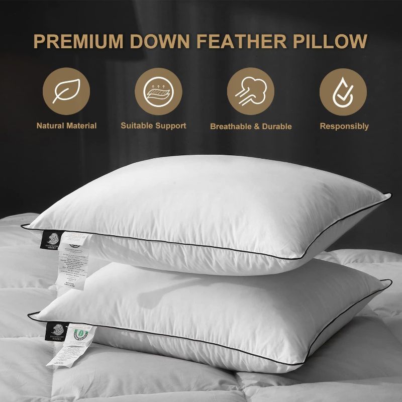 Photo 1 of DWR Goose Feather Down Pillow for Sleeping Single Pack, Queen Size Organic Cotton Hotel-Style Bed Pillow Inserts, Soft Medium Pillow for Stomach and Back Sleeper (20x30,White)