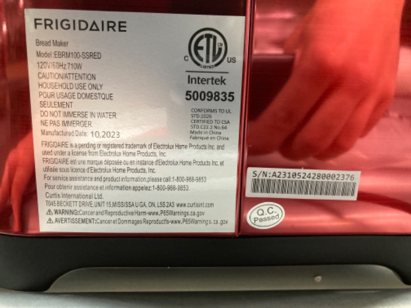 Photo 5 of FRIGIDAIRE Bread Maker Machine with Nonstick Bowl, Bread Hook, Measuring Cup & Spoon. 15-in-1, Gluten-Free Bread, Cake& Yogurt, 3 Crust Colour options and more. 3 Loaf Sizes. 2LB XL-RED Red Stainless Steel