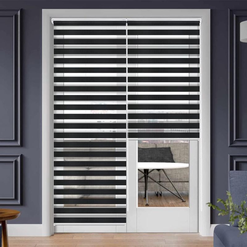 Photo 1 of SEEYE Zebra Blinds for Windows - French Door Blinds Roller Dual Shades Light Control Window Treatments Horizontal Day and Night Sheer, 27.6" W x 90" H, Black