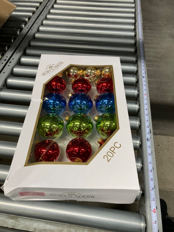 Photo 2 of Kurt S. Adler GG0964SM Ornament Set, Multi-Colored, 20-piece box set, Size and color include: 8 pieces of gold 60mm, 6 pieces of red 70mm, 6 pieces of blue & green 80mm