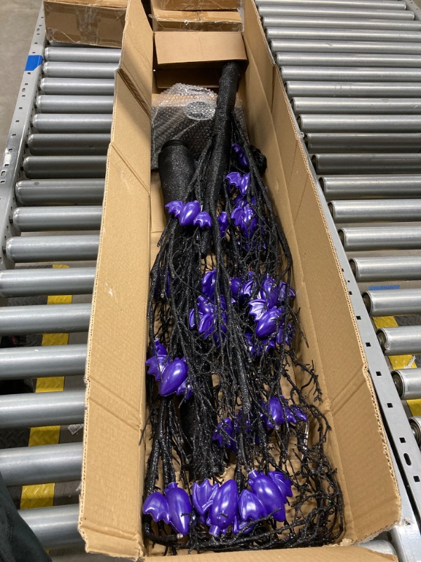 Photo 2 of 6 Ft Halloween Spooky Tree Halloween Decorations Artificial Black Tree with 96 Purple Lights & 24 Bats Ornaments,Timer Halloween Decor Indoor Outdoor Yard Holiday Party (Plug in/4 Stakes)