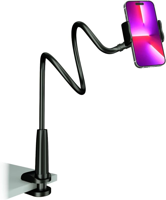 Photo 1 of Cell Phone Clip Bed Stand Holder, with Grip Flexible Long Arm Gooseneck Bracket Mount Clamp for Desk, Compatible with iPhone 14 Pro Max XR X 8 7 6 or Other 3.5-7" Devices (Black)
