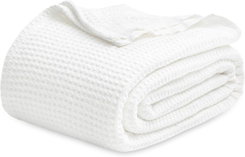 Photo 1 of Bedsure 100% Cotton Blankets King Size for Bed - Waffle Weave Blankets for Summer, Lightweight and Breathable Soft Woven Blankets for Spring, White, 104x90 inches
