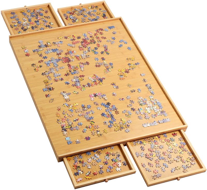 Photo 1 of Jigsaw Puzzle Board Table for Adults - 1500 Pieces Bamboo Puzzle Board with 4 Drawers, Jigsaw Puzzle Table Accessories for Puzzle Storage, 26"×34" Portable Puzzle Tray
