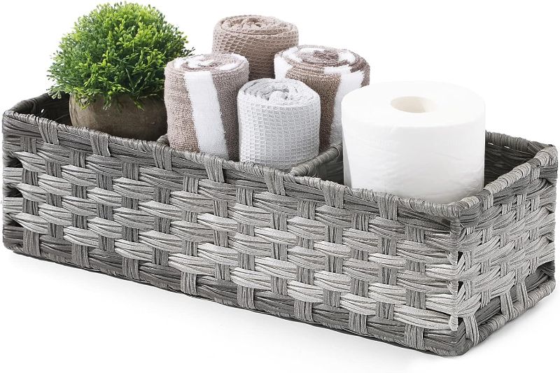 Photo 1 of [Larger Compartments] Toilet Tank Topper Paper Basket - Multiuse Hand Woven Plastic Wicker Basket with Divider for Organizing, Rustic Farmhouse Bathroom Decor, Countertop Organizer Storage, Grey
