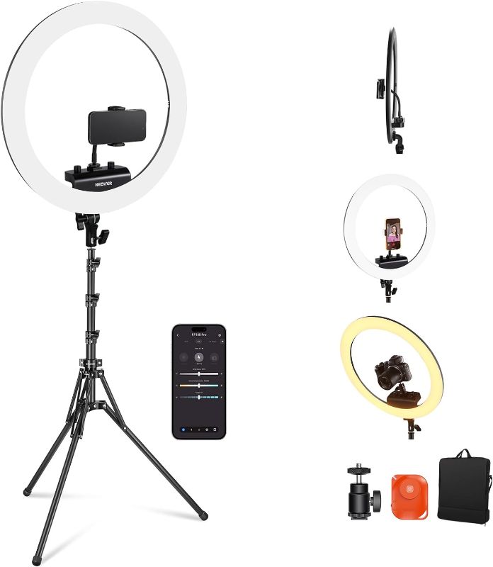 Photo 1 of NEEWER Professional Ring Light with Stand and Phone Holder, 18 inch Ultra Thin, 45W 2900K-7000K TLCI98, Remote Shutter & App Control, Softer Lighting for Makeup Live Stream TikTok, RP18B Pro Black
