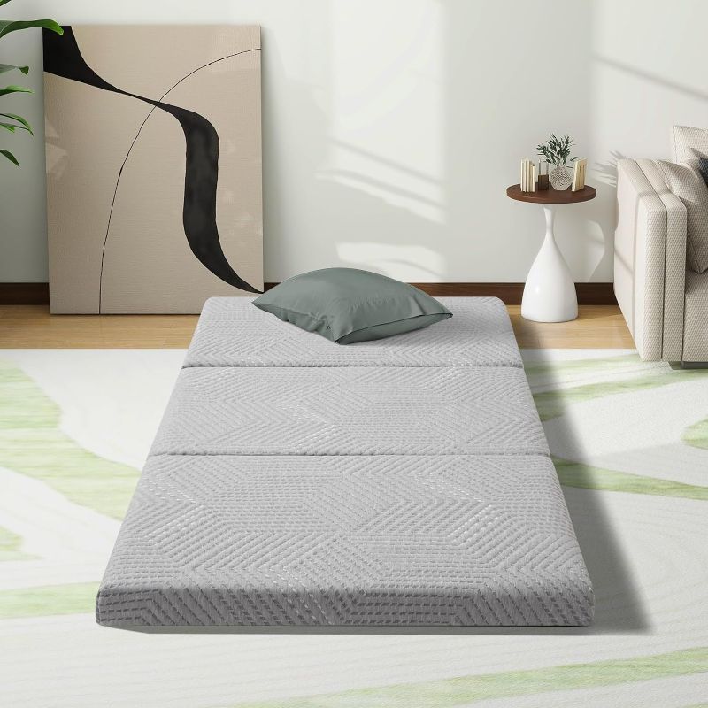 Photo 1 of MUUEGM 4 Inch Foldable Mattress Trifold Mattress Folding Bed,Memory Foam Floor Sleeping Mattress,Portable Trifold Toddler Bed Mattress Small Single Knitted Grey
