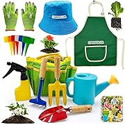 Photo 3 of Kids Gardening Tools Set Includes Toddlers Gardening Gloves, Sturdy Tote Bag, Watering Can, Shovel, Rake, Trowel, Children Apron, Garden Notebook - Easter Gifts for Toddlers