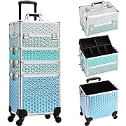 Photo 3 of Adazzo Professional Rolling Makeup Train Case 4 in 1 Aluminum Trolley Case with 360° Rotation Wheels for Makuep Artist Cosmetic Suitcase Organizer with Lock and Key Diamond Pattern - Turquoise