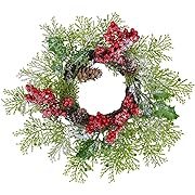 Photo 1 of Artificial Snowy Cedar and Berry Candle Rings Christmas Candle Holder Rings Faux Cedar Twigs Wreath Mini Window Mirror Wreaths 12.6" Wide with Pine Cones Holly Leaves for Holiday Season Winter