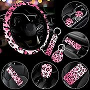 Photo 1 of   9 Pieces Leopard Print Printing Car Steering Wheel Cover Center Console Armrest Pad Headrest Seat Belt Cover Handbrake Cover Keychain Coaster Full Set Car SUV?Pink?