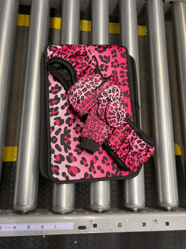 Photo 1 of   9 Pieces Leopard Print Printing Car Steering Wheel Cover Center Console Armrest Pad Headrest Seat Belt Cover Handbrake Cover Keychain Coaster Full Set Car SUV?Pink?