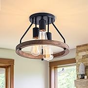 Photo 1 of  Industrial Flush Mount Ceiling Light Fixture with Retro Wood Circle Shade for Hallway, Entryway, Bedroom, Balcony Passway 3-Light