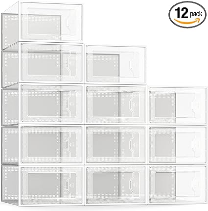 Photo 4 of SEE SPRING Large 12 Pack Shoe Storage Box, Clear Plastic Stackable Shoe Organizer for Closet, Space Saving Foldable Shoe Rack Sneaker Container Bin Holder