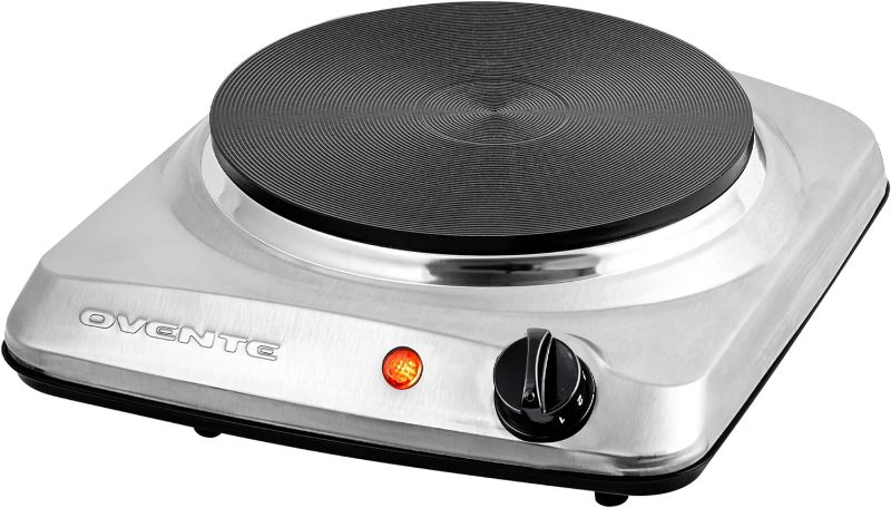 Photo 1 of OVENTE Electric Countertop Single Burner, 1000W Cooktop with 7.25 Inch Cast Iron Hot Plate, 5 Level Temperature Control, Compact Cooking Stove and Easy to Clean Stainless Steel Base, Silver BGS101S