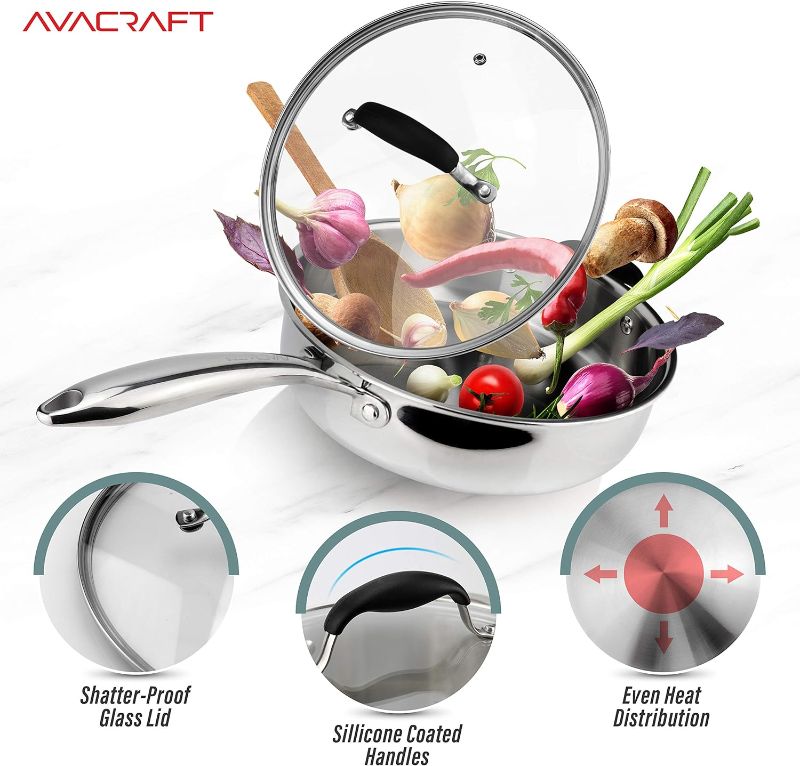 Photo 1 of AVACRAFT 18/10 Tri-Ply Stainless Steel Saute Pan with Lid, Stay Cool Handle, Helper Handle, Induction Pan, Versatile Stainless Steel Skillet, Sauté Pans in our Pots and Pans cookware (3.5 Quarts)