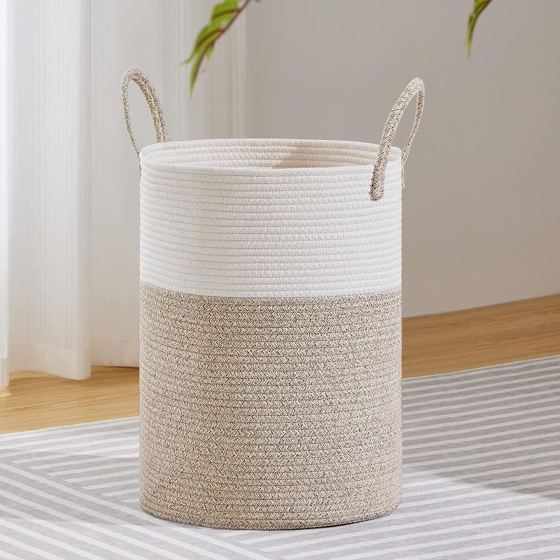 Photo 1 of VIPOSCO Large Laundry Hamper, Tall Woven Rope Storage Basket for Blanket, Toys, Dirty Clothes in Living Room, Bathroom, Bedroom - 58L White & Brown