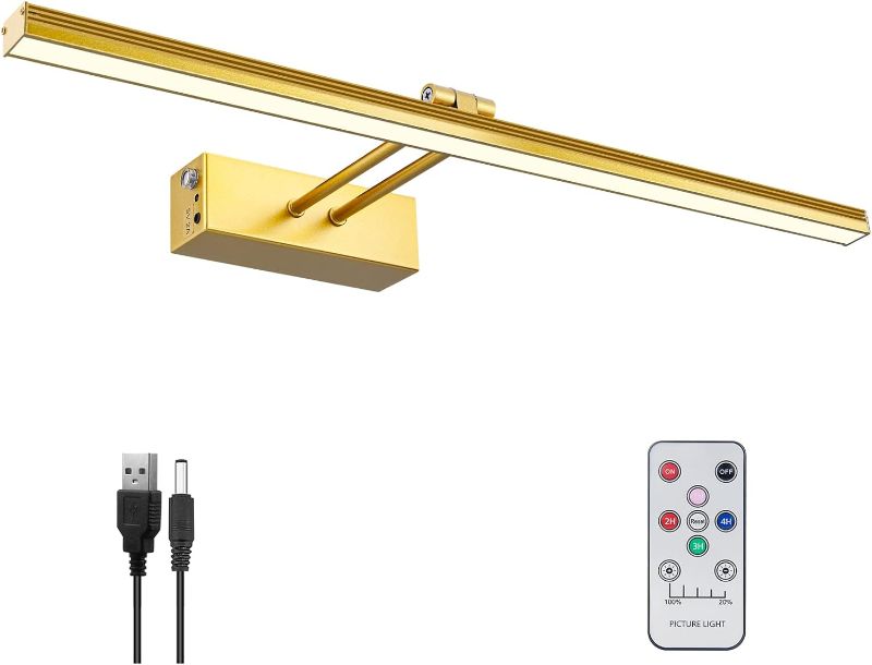 Photo 1 of FUNCHDAY Picture Light,5000mAh Battery Operated Picture Light for Wall,Wireless Remote Painting Light with Timer and Dimmable,16”Metal Art Light for Display,Artwork,Portrait,Gallery-Gold