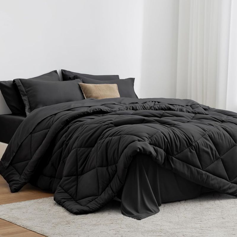 Photo 1 of Love's cabin Queen Comforter Set Black, 7 Pieces Queen Bed in a Bag, All Season Queen Bedding Sets with 1 Comforter, 1 Flat Sheet, 1 Fitted Sheet, 2...