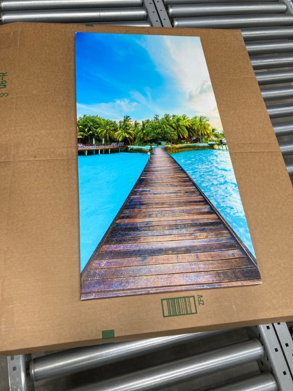 Photo 2 of Beach Canvas Wall Art for Corridor, PIY Vertical Wharf Bridge to Tropical Island Picture with Blue Sky, Modern Relax Prints Artwork Aisle Decor (Waterproof, Bracket Mounted Ready to Hang) 32x16 Beach Wall Art, waterproof, bracket fixed Blue Beach Wall Art