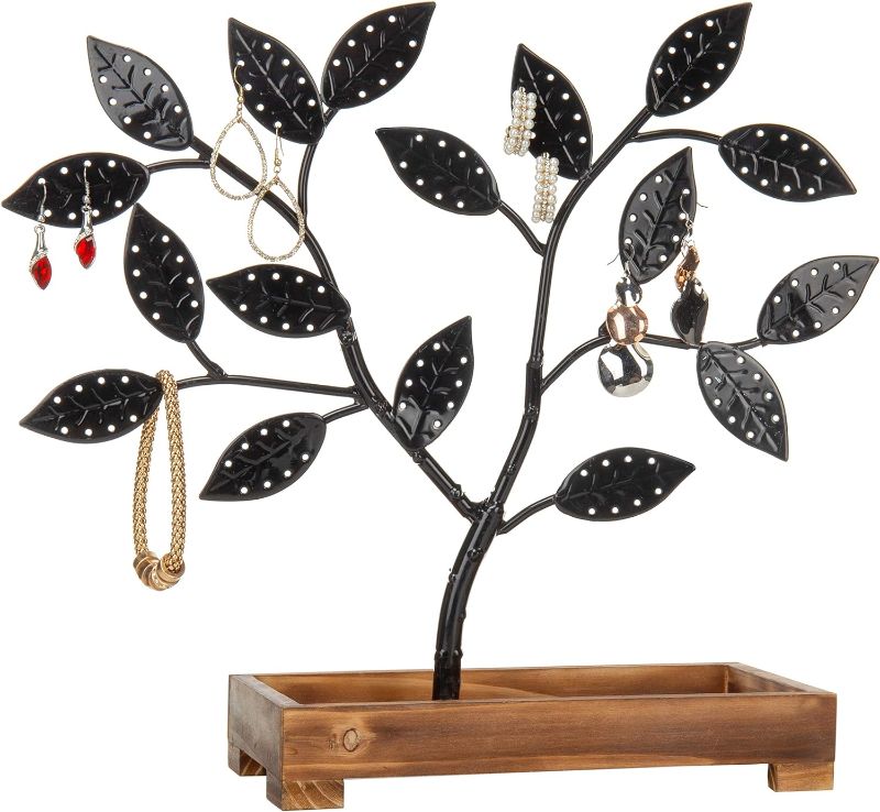 Photo 1 of MyGift Earring Storage Rack Organizer, Matte Black Metal Jewelry Tree, Necklace and Bracelet Hanger with Wooden Ring Tray Trinket Holder - Holds 68 Pairs of Earrings