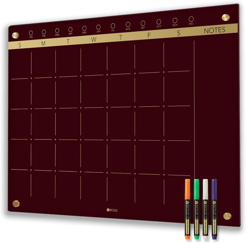 Photo 1 of Glass Golden Monthly Dry Erase Calendar Whiteboard for Wall, Burgundy Red, 17" x 23", Frameless Large Planner White Board for Home Kitchen Office, 4 Markers Included, Yeoux