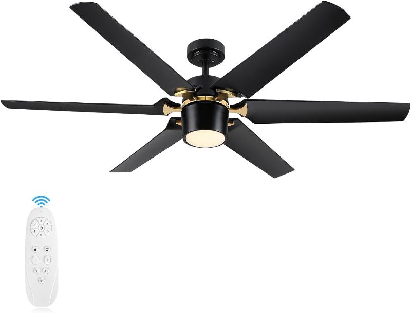 Photo 1 of 60 inch Ceiling Fan with Light and Remote Control, Large Modern Black Gold Ceiling Fans, Dimmable 3-Color Reversible Blades 6 Speed Quiet DC Motor for Indoor or Covered Outdoor
