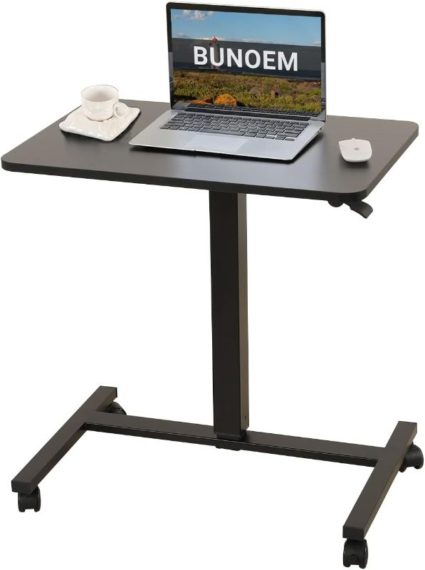 Photo 1 of Mobile Standing Desk, 28x20 Pneumatic Laptop Height Adjustable Sit to Stand Table with Lockable Wheels and Gas Spring Riser (Black)