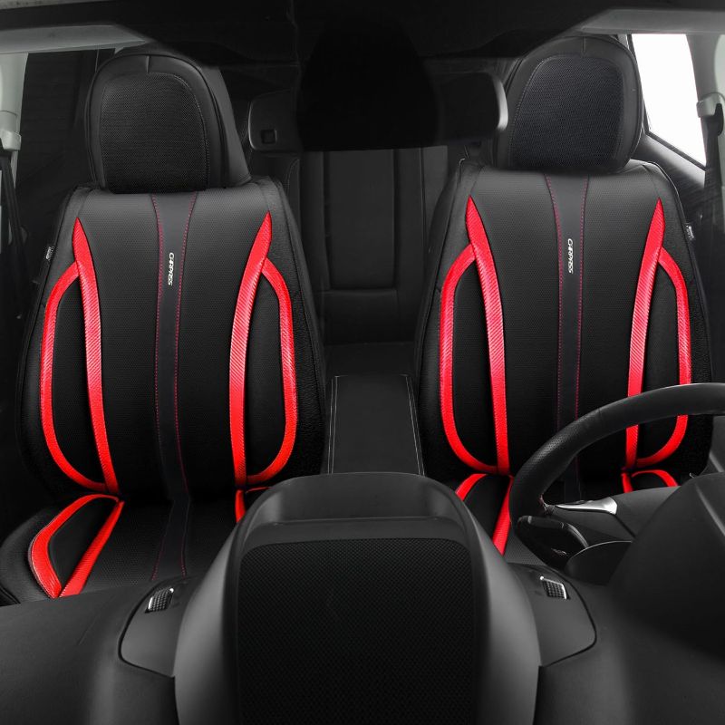 Photo 1 of CAR PASS Nappa Leather Car Seat Covers front, Waterproof leatherette Seat Covers Front Seat only, Anti-Slip Driver 2 Seats Cushioned, Universal Fits for SUV Pick-up Truck Sedan, Black Red Carbon Fiber
