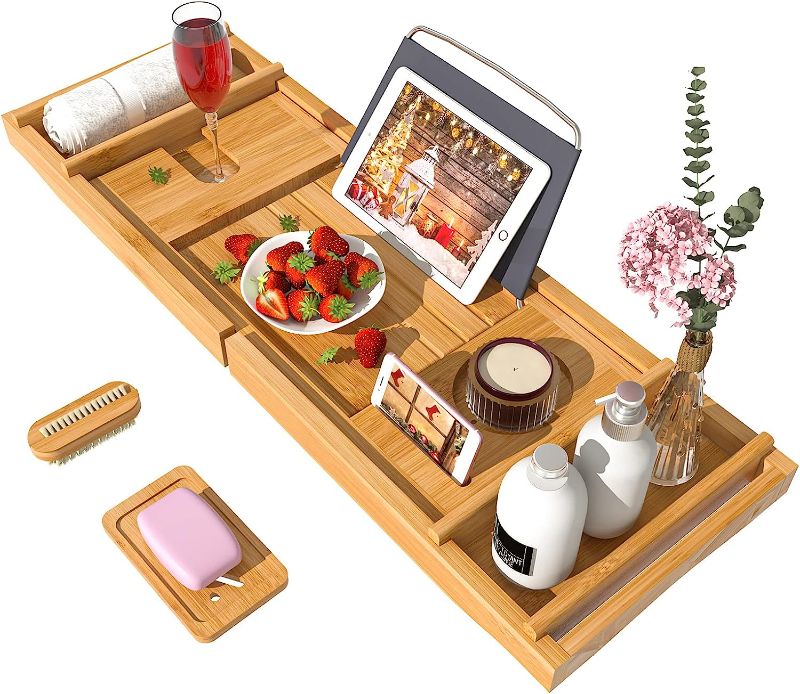 Photo 1 of Bath Caddy Tray for Bathtub - Bamboo Adjustable Organizer Tray for Bathroom with Free Soap Dish Suitable for Luxury Spa or Reading

