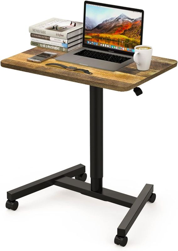 Photo 1 of 28 Inch Height Adjustable Laptop Sit Stand Desk with Wheels, Adjustable Rolling Standing Laptop Mobile Desk Cart Coffee Table (Wood)