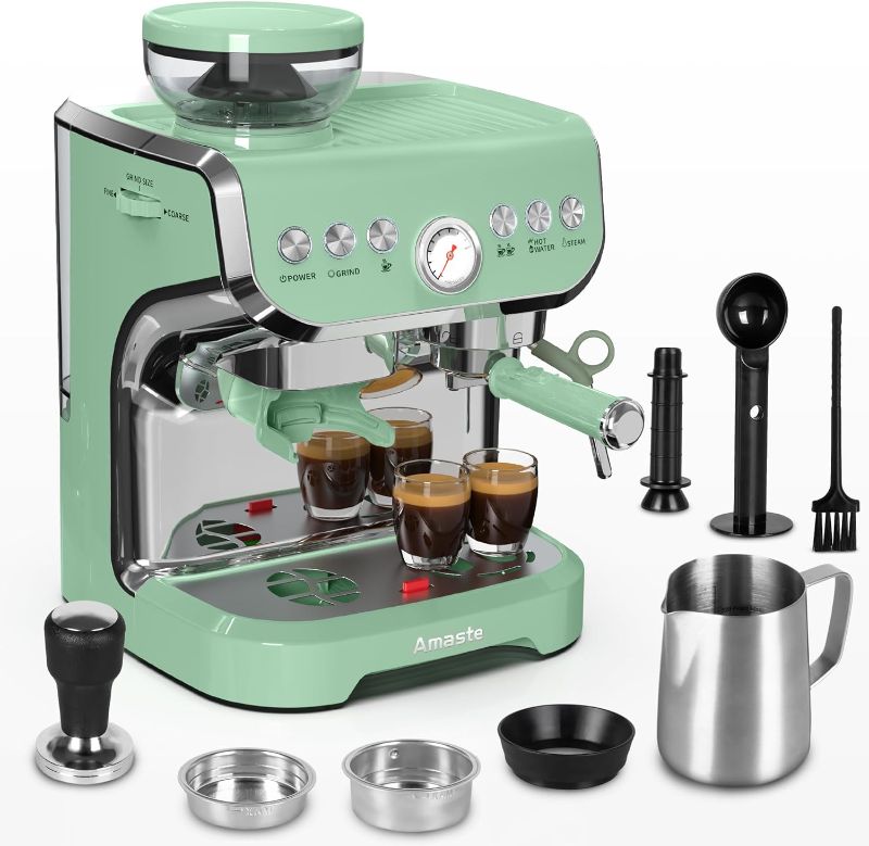 Photo 1 of Amaste Espresso Machine with Grinder, 15 Bar Espresso Machine with Steam Wand for Latte and Cappuccino, 68Oz Water Tank, Pre-Infuse Brewing, Espresso Coffee Maker for Home Use, Barista Kit, Green
