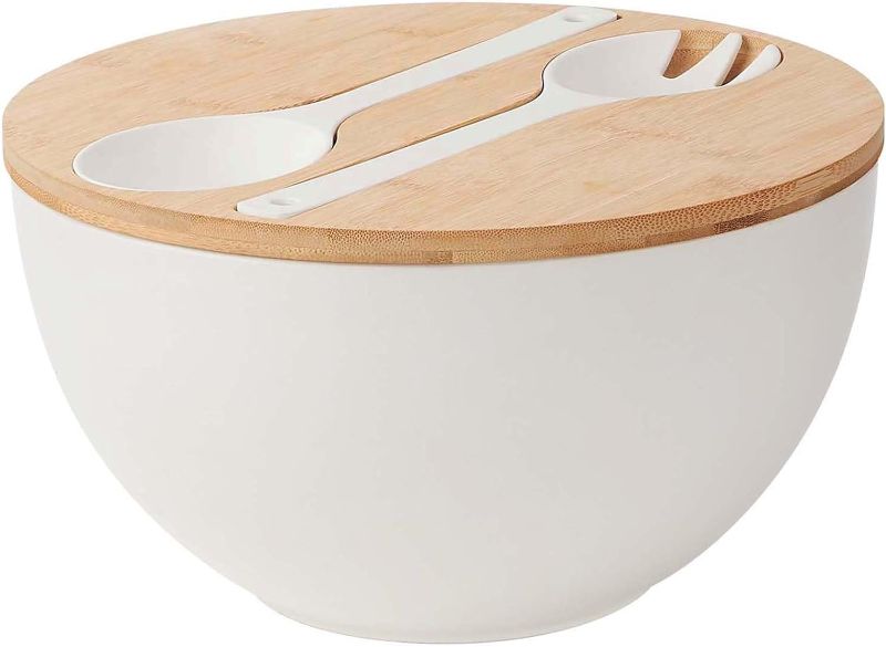 Photo 1 of 11.3" Extra Large Salad Serving Bowl Set with Wooden Lid&Utensils, 6.5Qt., Bamboo Fiber Salad Bowl with Servers for Kitchen, Lightweight Big Bowl for Mixing Salad,Fruit,Pasta
