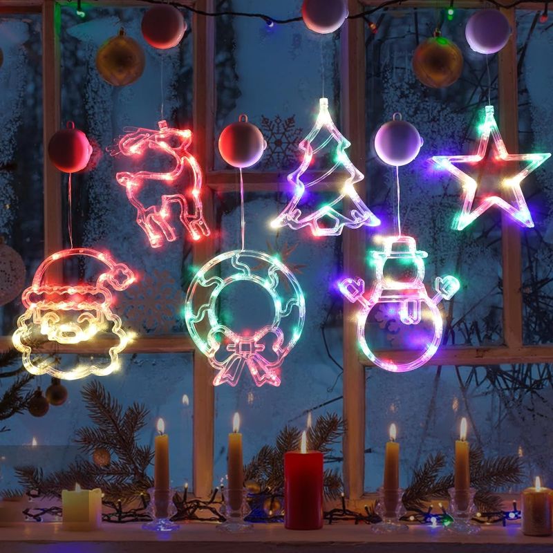 Photo 1 of 6 Pack Christmas Decorations,Christmas Window Lights Tree,Stars,Snowman,Deer,Santa Claus with Suction Cup Battery Operated Christmas Lights for Christmas Window Door Yard Party Decor Indoor Outdoor
