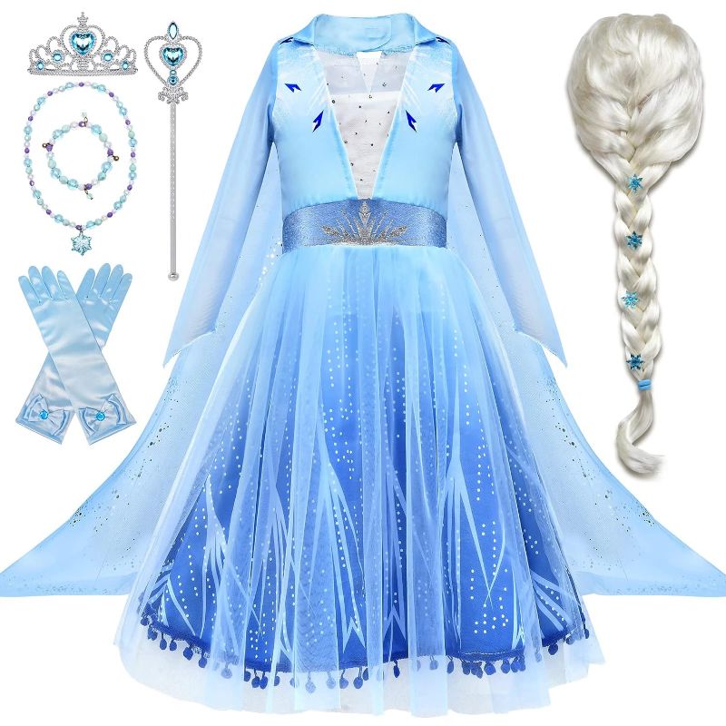 Photo 1 of Tacobear 10Pcs Frozen Elsa Costume Dress For Girls Kids Toddler Princess Dress Up Clothes For Little Girls With Elsa Accessories Gloves Crown Wands Wig Necklace For 5-6T Kids Christmas Birthday Party
