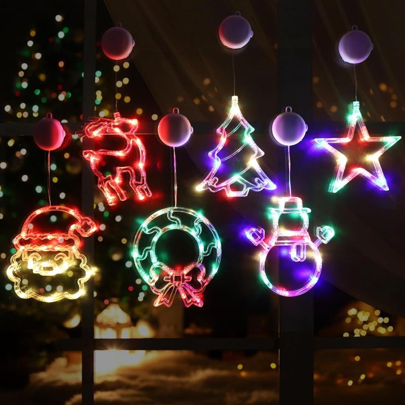 Photo 1 of 6 Pack Christmas Decorations,Christmas Window Lights Tree,Stars,Snowman,Deer,Santa Claus with Suction Cup Battery Operated Christmas Lights for Christmas Window Door Yard Party Decor Indoor Outdoor
