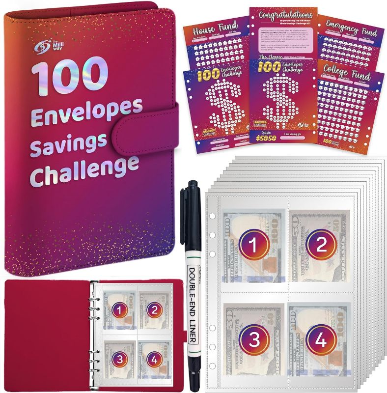 Photo 1 of 100 Envelopes Money Saving Challenge Binder, 100 Envelope Challenge Binder - Fun and Organized Money Saving Book for $5050 Savings in 100 Deposits (Pink)